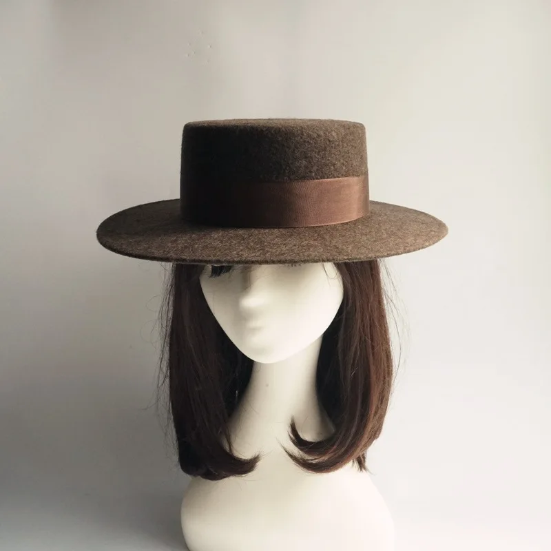 caramel-colored-wide-brim-flat-top-woolen-hat-women's-british-style-autumn-winter-fashionable-versatile-cap-warm-adjustable