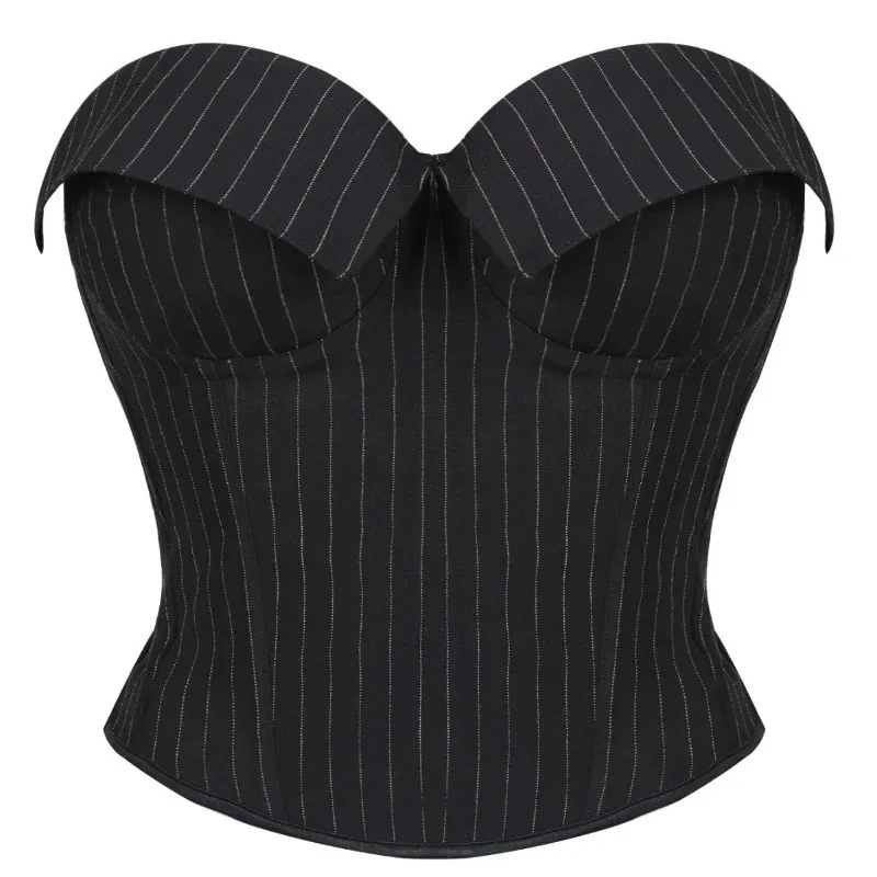 

Sexy Black Striped Overbust Corset Office Lady Corselet Sexy Women Zip Corset Bustier Strapless Crop Tops Costume Fashion