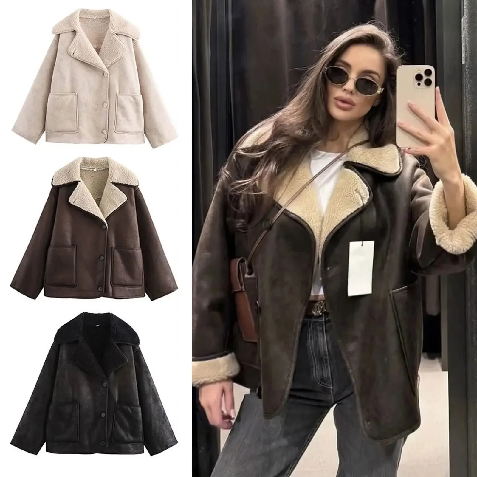 

Winter Casual Outerwear Female Autumn Vintage Faux Leather Fleece Jackets Long Sleeves Lapel Single Breasted Pockets Coats