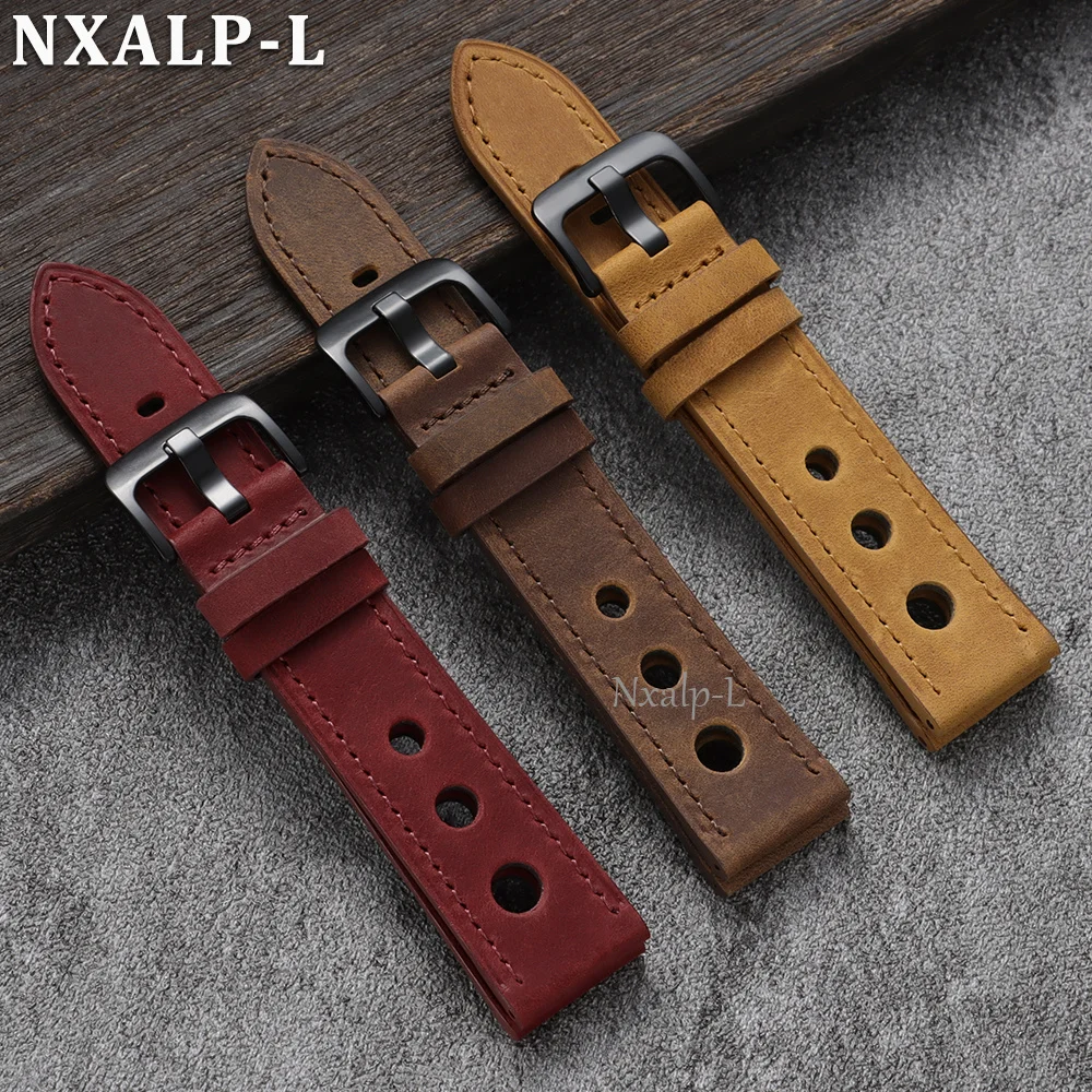 Retro Cowhide Watch Band 18mm 20mm 22mm 24mm Porous Breathable Matte Leather Strap Men Women Smartwatch Wristband Accessories