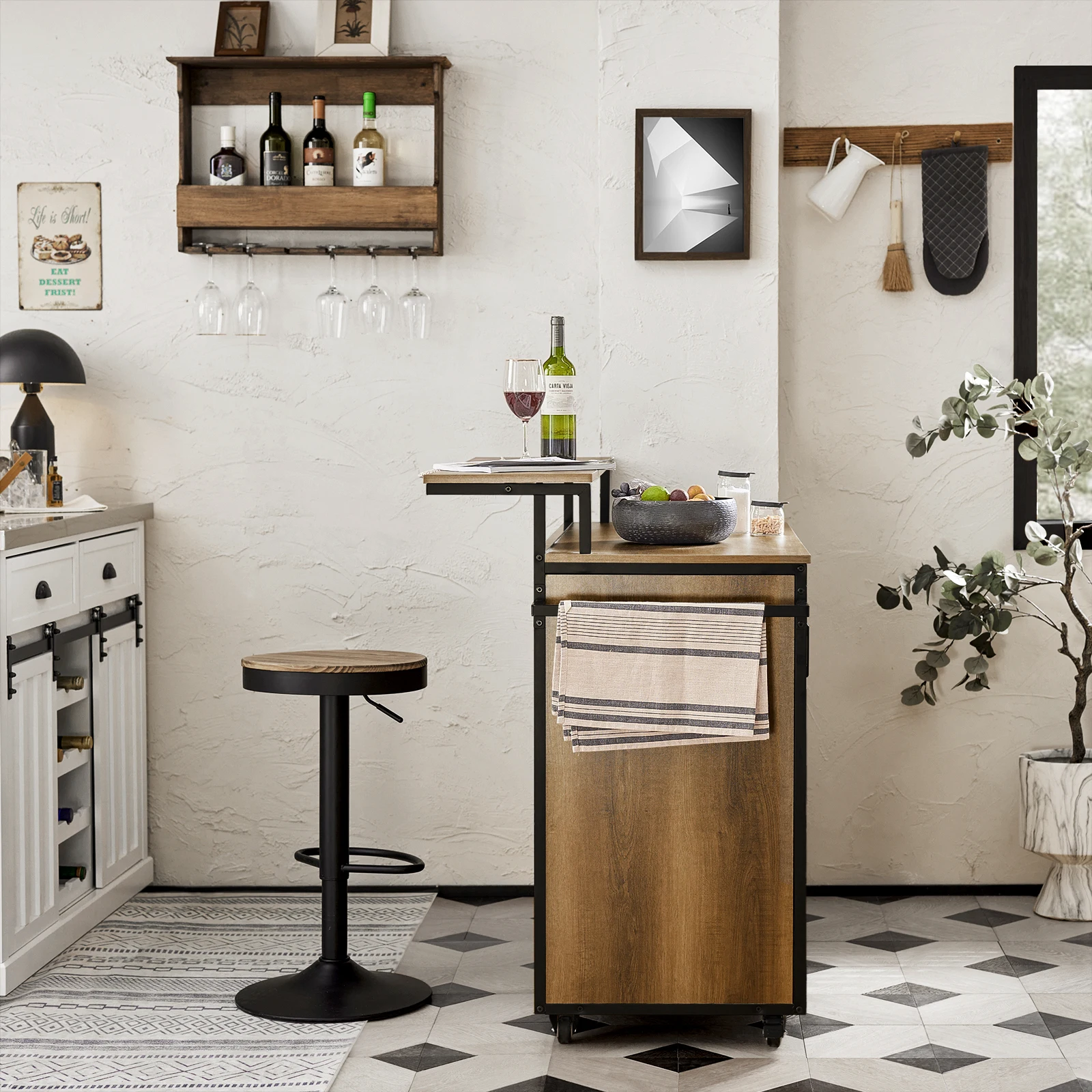 SoBuy KNL02-PF Design Küchenwagen mit Arbeitsplatte Kücheninsel mit Türen und Schubladen Sideboard auf Rollen Küchentrolley – Detail 2