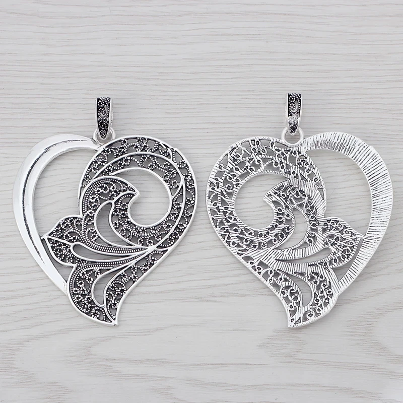 2 x Tibetan Silver Mixed Bohemia Large Hammered Love Heart Filigree Charms Pendants For Necklace Jewelry Making Findings