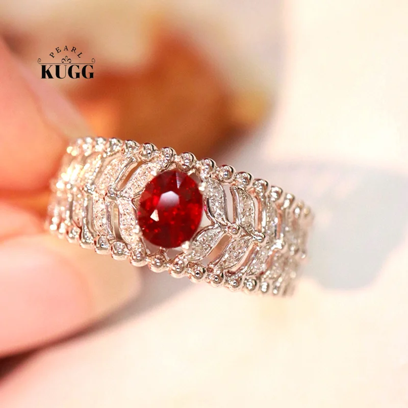 KUGG 100% 18K White Gold Rings Luxury Elegant Style Shiny Diamond Natural Ruby Engagement Ring for Women High Party Jewelry