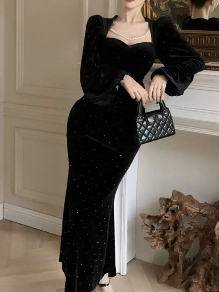 Winter New Women Fashion Elegant Velvet Black Mermaid Dress Vintage Slim Solid Lantern Sleeve Dresses Evening Party Female Robe