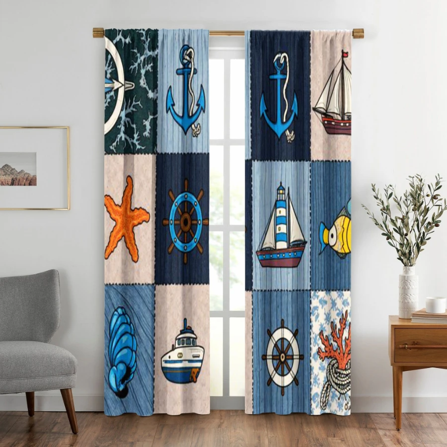 2PCS Digital Printed Curtains, Nautical Navigation Symbol Sailor Navy, Modern Home Decor Style for Living Room Bedroom Decor