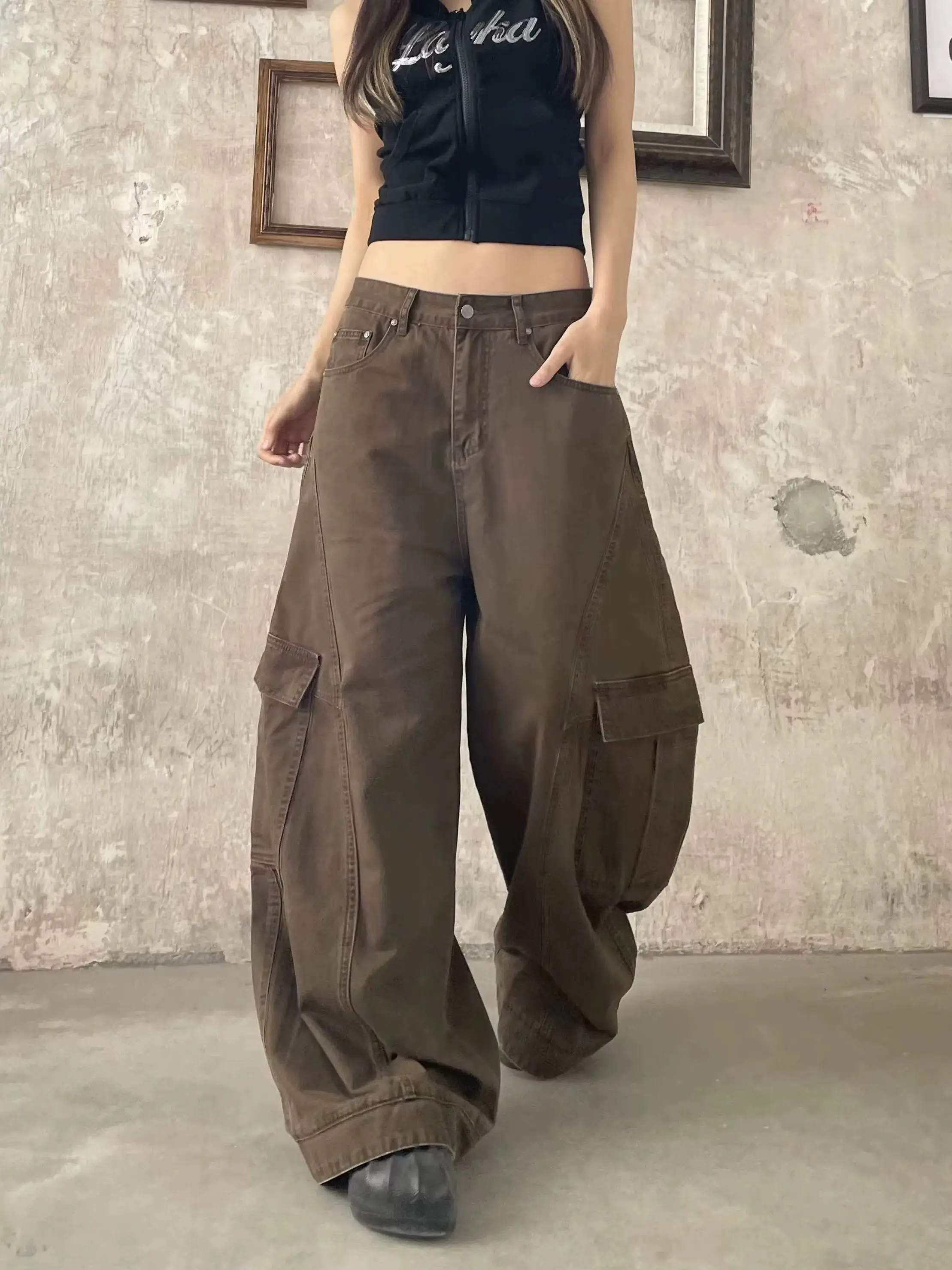 Y2K Cargo Pants Women Vintage Brown Multi Pocket Work Trousers High End Y2K Fashion 3D Tapered Fit