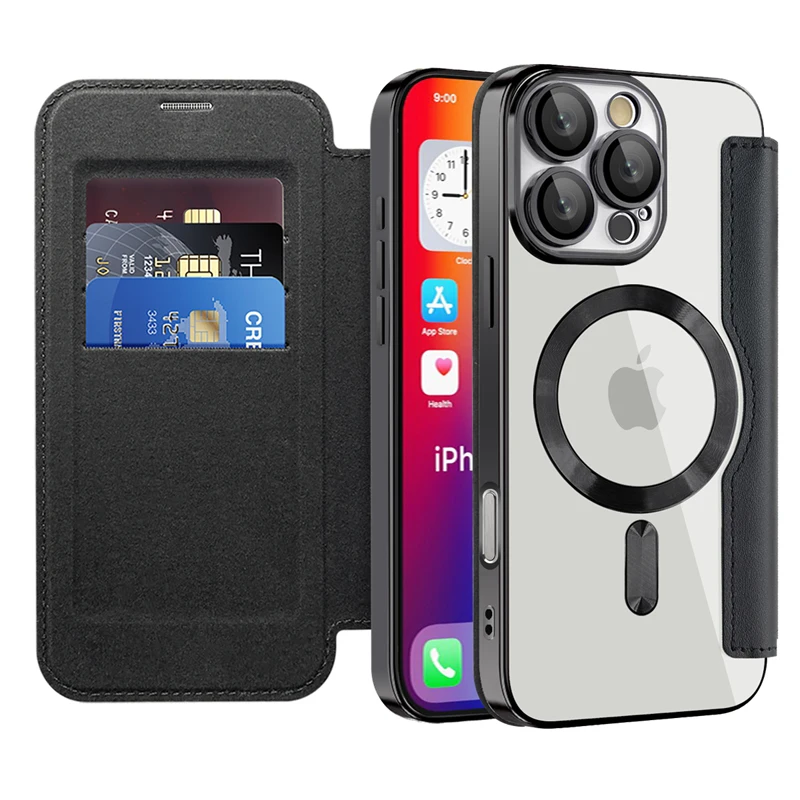 

For iPhone 16 Pro Max ,IP16 Pro Plus ,Case Magnetic Business Leather+Transparent PC Back Wireless Charging Cover With Card Slot