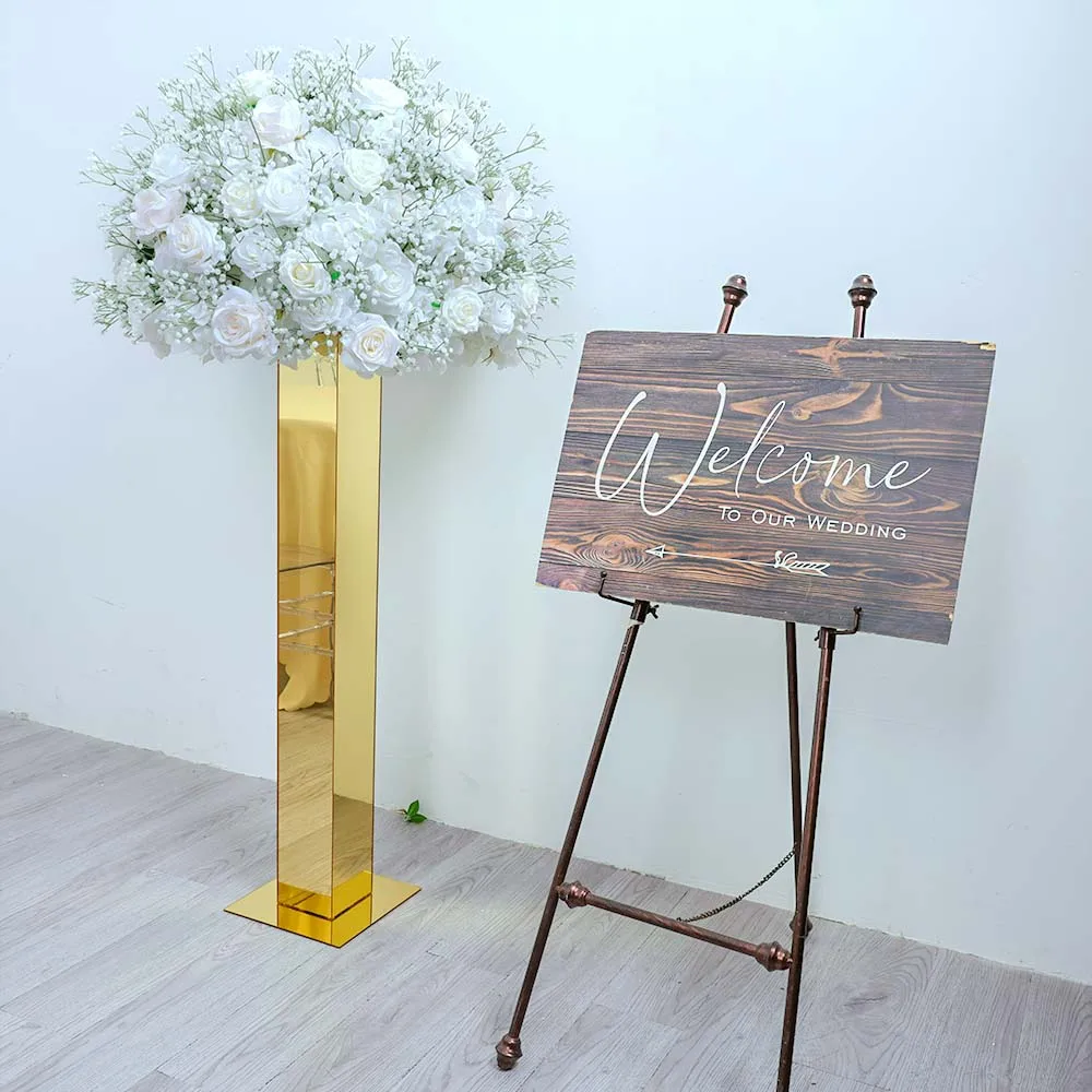 Ouro Acrílico Espelho Pilar, Carrinho De Flores, Decoração De Contexto De Casamento, Adereços Decorativos Para Eventos, Peça De Mesa, 60cm, 80cm, 100cm