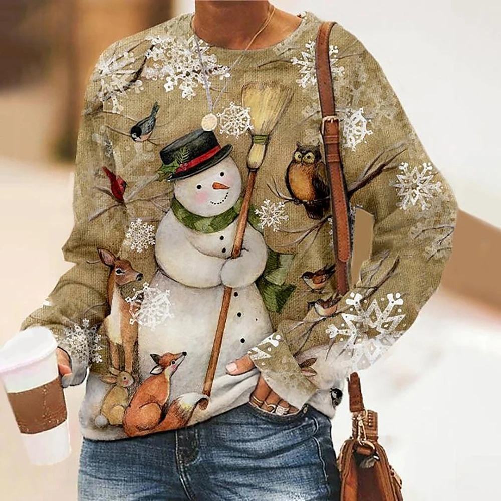 Graphic Snowman Snowflake Casual Streetwear Round Neck Micro-elastic Fall & Winter Women's Pullover Christmas Long Sleeve Top