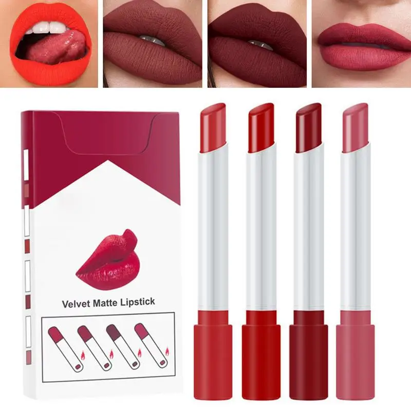 4 Uds. Lápiz labial mate de terciopelo suave delineador de labios lápiz y brillo de labios mate crema taza antiadherente brillo de labios lápiz labial mate de larga duración