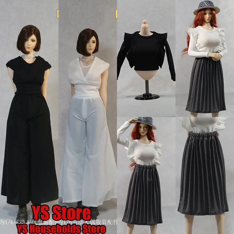 

1/6 Female Supervisor Soldier Black White Loose Commute T-shirt Pants Summer Lady Style Top Skirt Accessory For 12“ Figure Body
