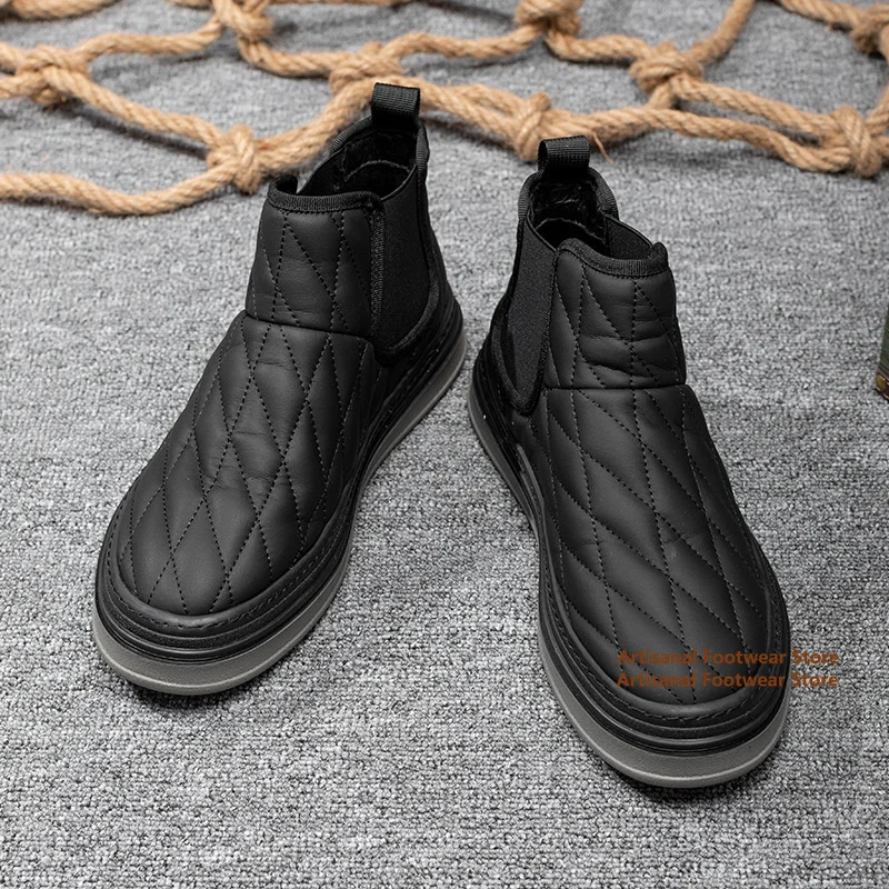 Cross Woven Men's Boots Elastic Band Men's Shoes British Style Black Leather Thick Soled High Top Slip On Men Shoes Botas Mujer