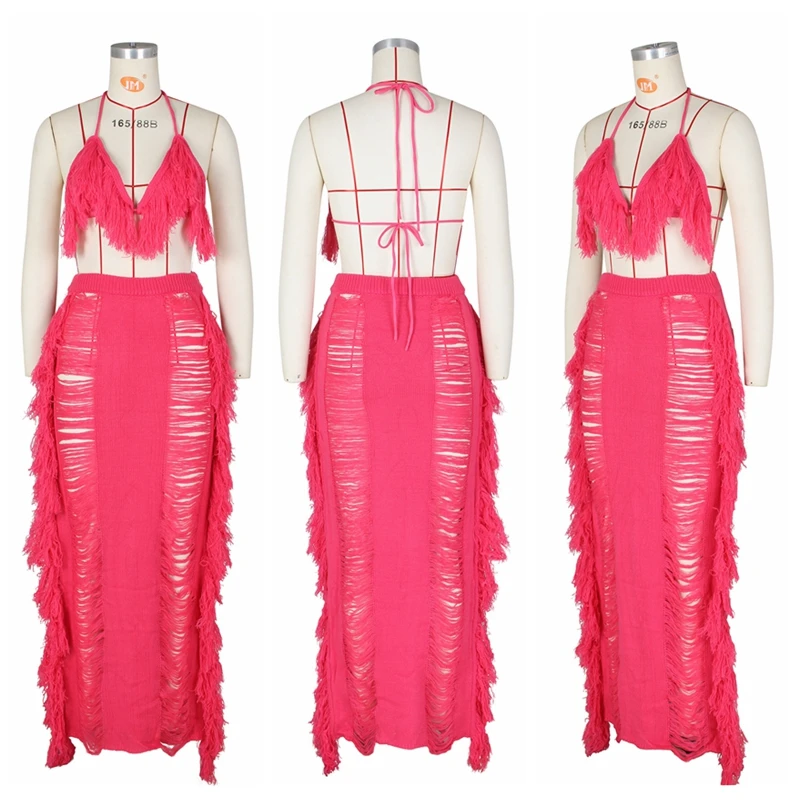 2023 New Crochet 2 Pieces Beach Dress Sexy women Tassel Bra Top+Long Skirt Cover up For Women Swimwear Beach Wear