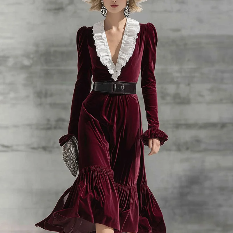 QICHE 2026 Winter Slim Long Sleeve Dress For Women, V Neck Color Block Elegant Mermaid Hem Formal Dress