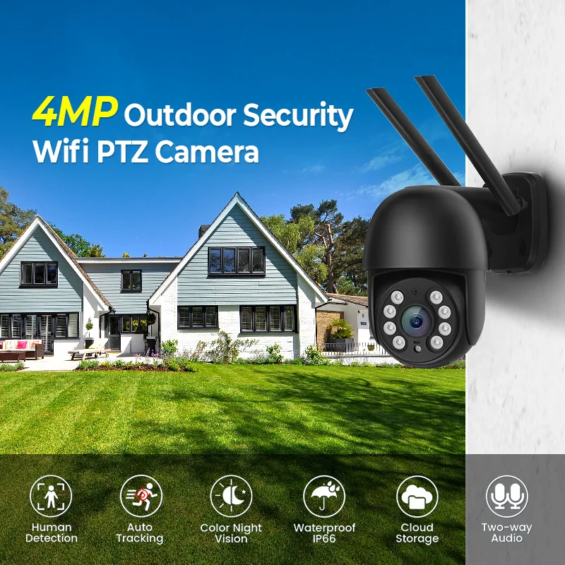 Caméra de surveillance extérieure PTZ IP WiFi HD 4MP, dispositif de sécurité sans fil, avec audio bidirectionnel et protocole CCTV