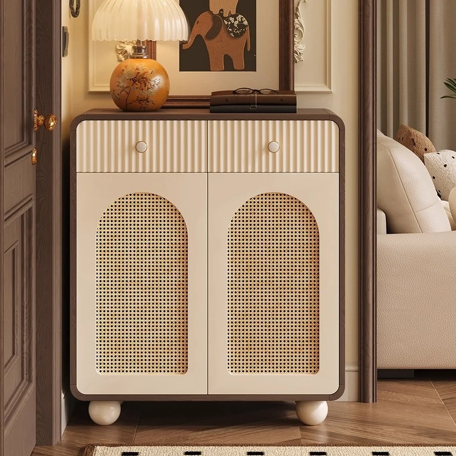

#Modern rattan shoe cabinet | Nordic entrance shoe rack with drawer | Space-saving wooden shoe cabinet storage box