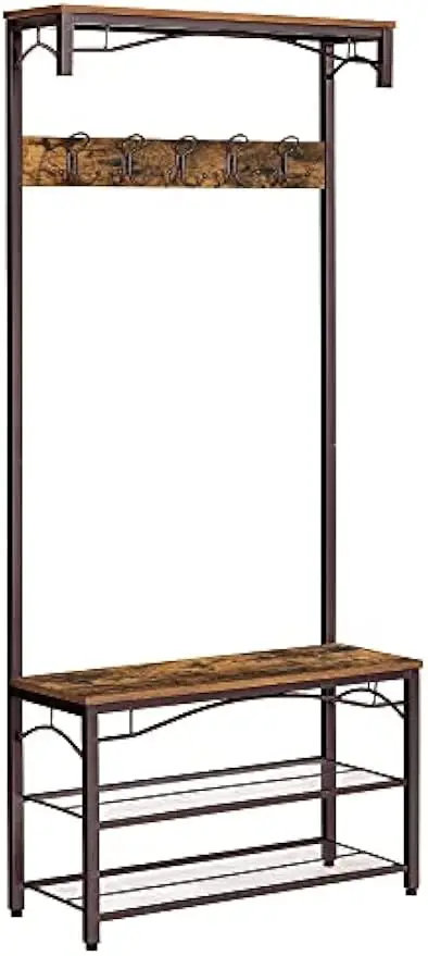 

Дерево для прихожей 3-в-1 с скамейкой для обуви и полками для хранения, промышленная коричневая мебель для прихожей в деревенском стиле