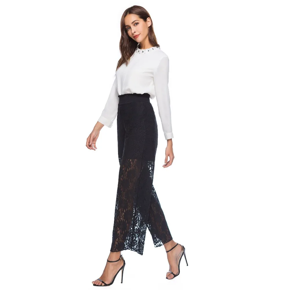 

Elastic Hollow Cropped Trousers New Fashion Black Cropped Pants Summer Female Lace Wide Leg Pants