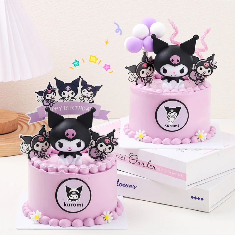 Kuromi hiasan atas kue Anime Sanrio tokoh aksi bendera Selamat Ulang Tahun Kuromi kue Dekorasi anak perempuan hadiah mainan pesta anak-anak Baby Shower