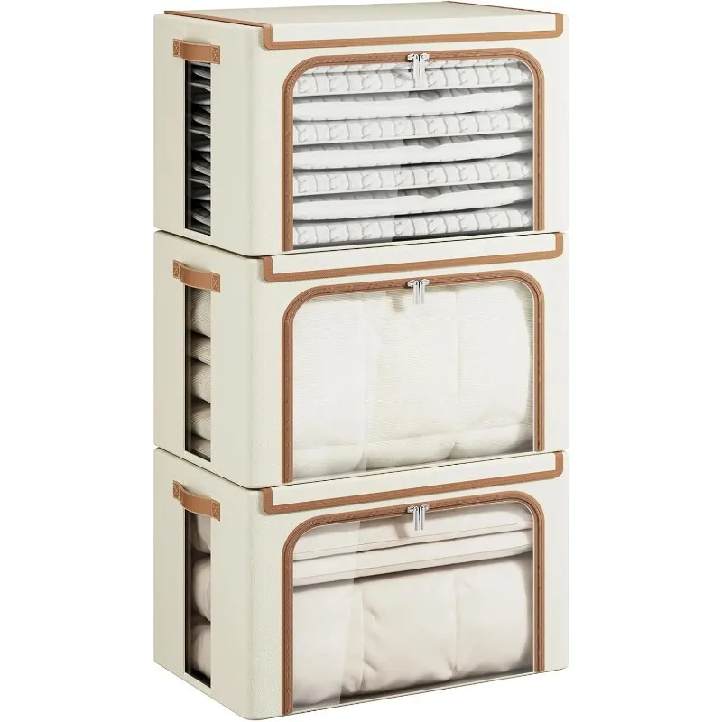 

3-Pack 66L Clothes Storage with Metal Frame, Large Closet Organizer Bins Boxes, Beige