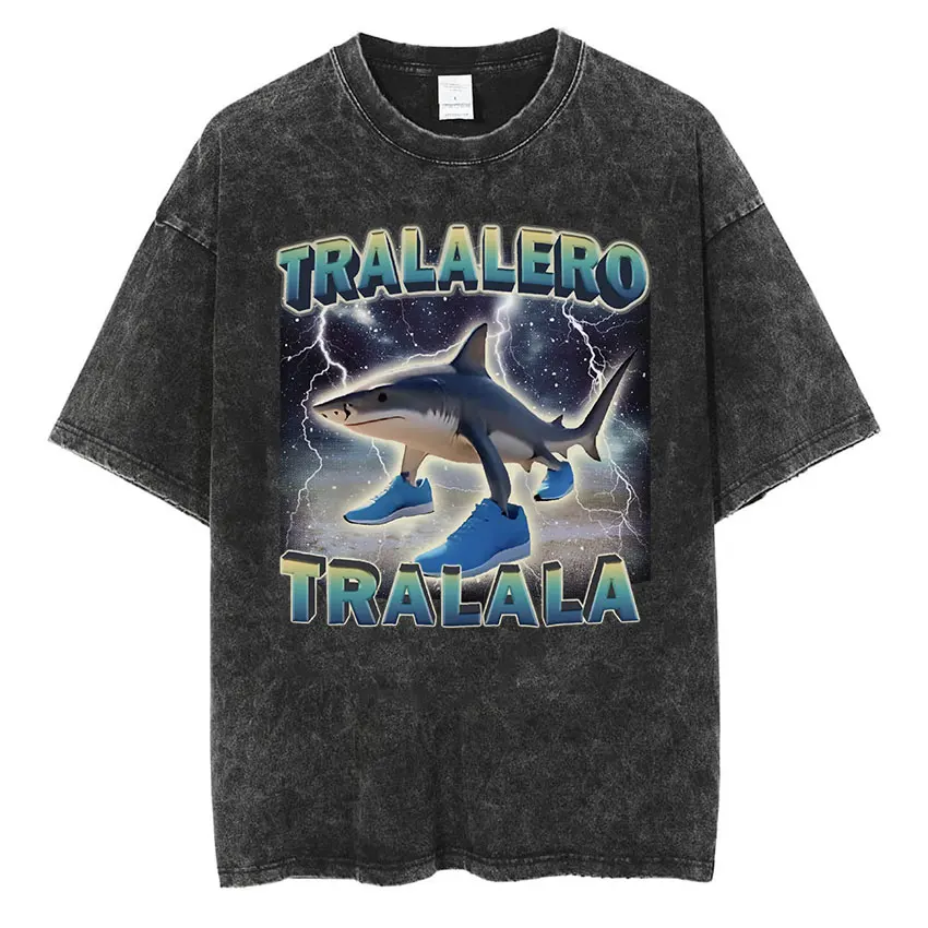 Tralero Tralala Funny Shark Meme Graphic T-Shirts Men Women Vintage Washed High Quality T-shirt Unisex Casual short sleeve Tees