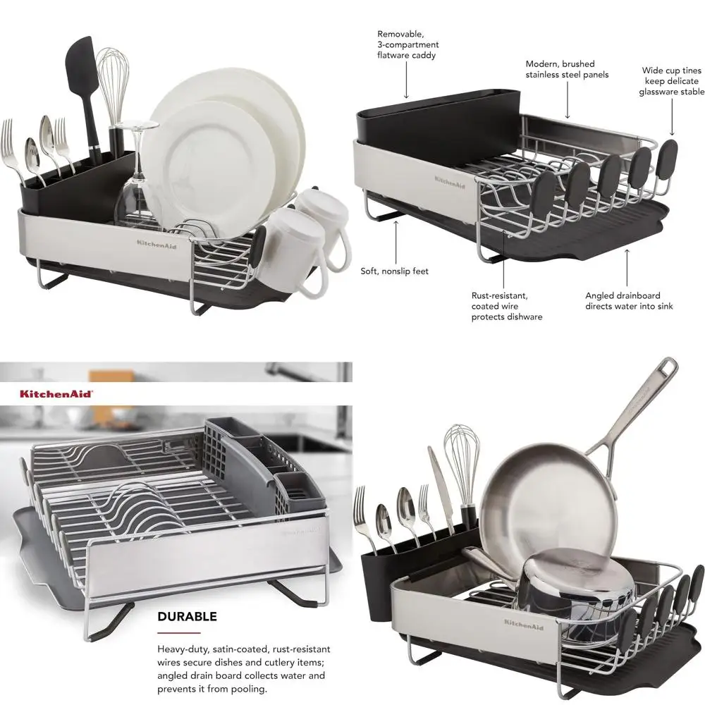 

Space-Efficient Rustproof Dish Rack with Detachable Utensil Holder and Slanted Drainboard, 16.06-Inch Black