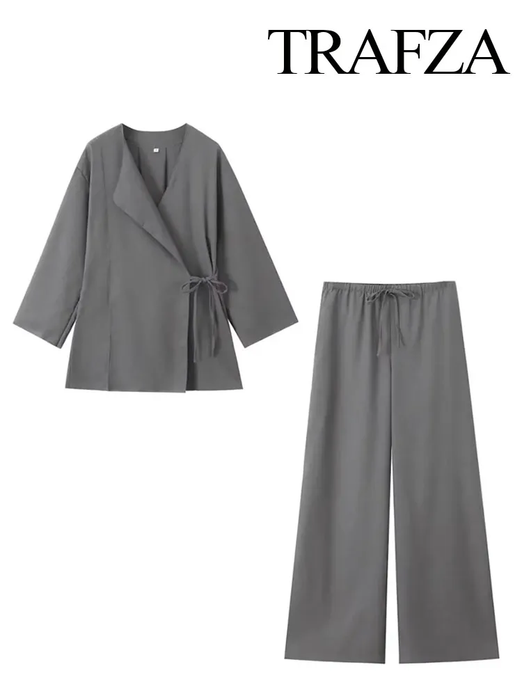 TRAFZA 2024 Frühlings-Leinenanzüge für Damen, modisch, leinenbraun, Strickjacke, Kimono-Oberteil + Schnürung, wild, lässig, Damen-Hose mit weitem Bein