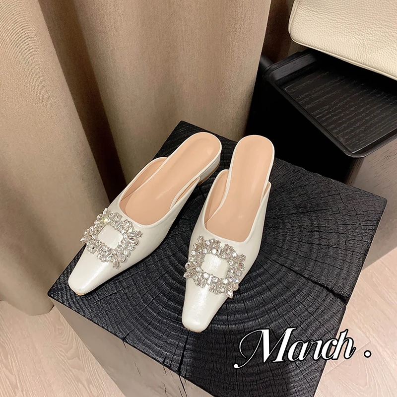 

Women Mules Slip On Moccasins Shiny Crystals Women Flats Square Toe Slippers Soft Sheepskin Girls Daily Footwear For Spring