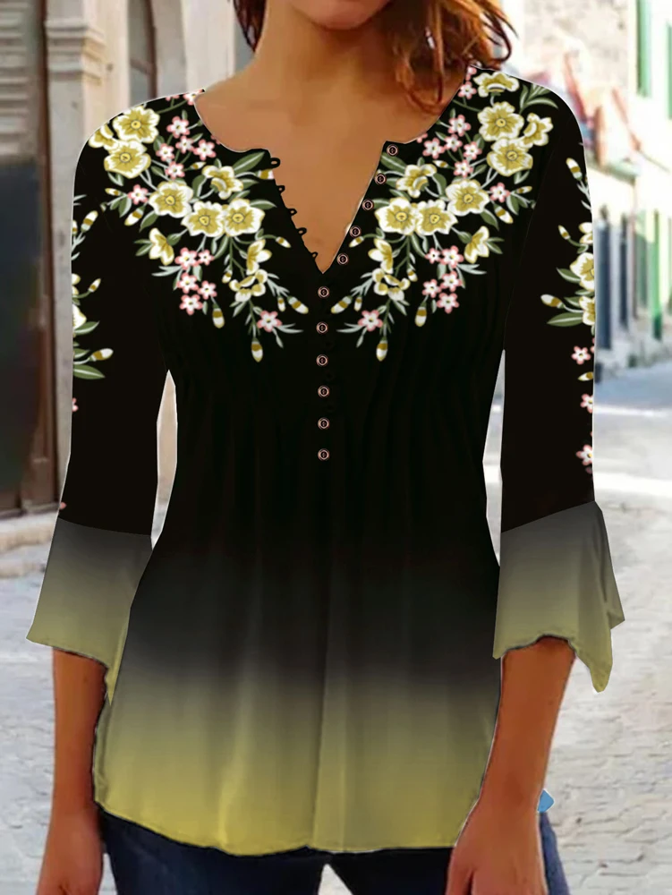 Plus Size Floral Print Blouse, V Neck Half Button Gradient Flare 3/4 Sleeve Loose Casual Women Daily Tunic Top image 6