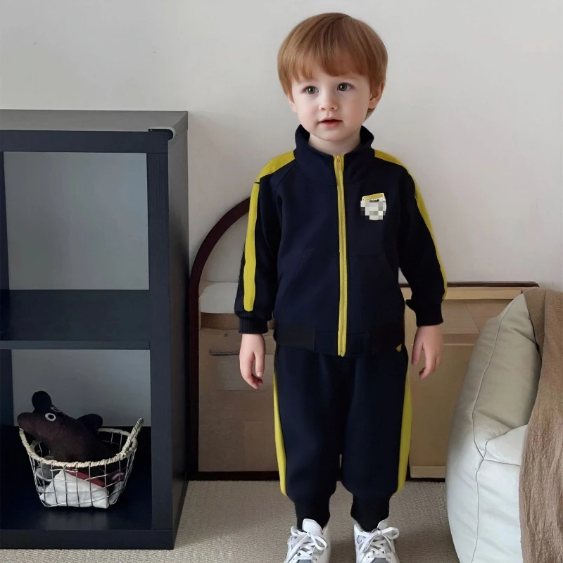 

2025 Autumn New Children's Color Blocked Zipper Cotton Hoodie Jacket and Pants Two-piece Set
