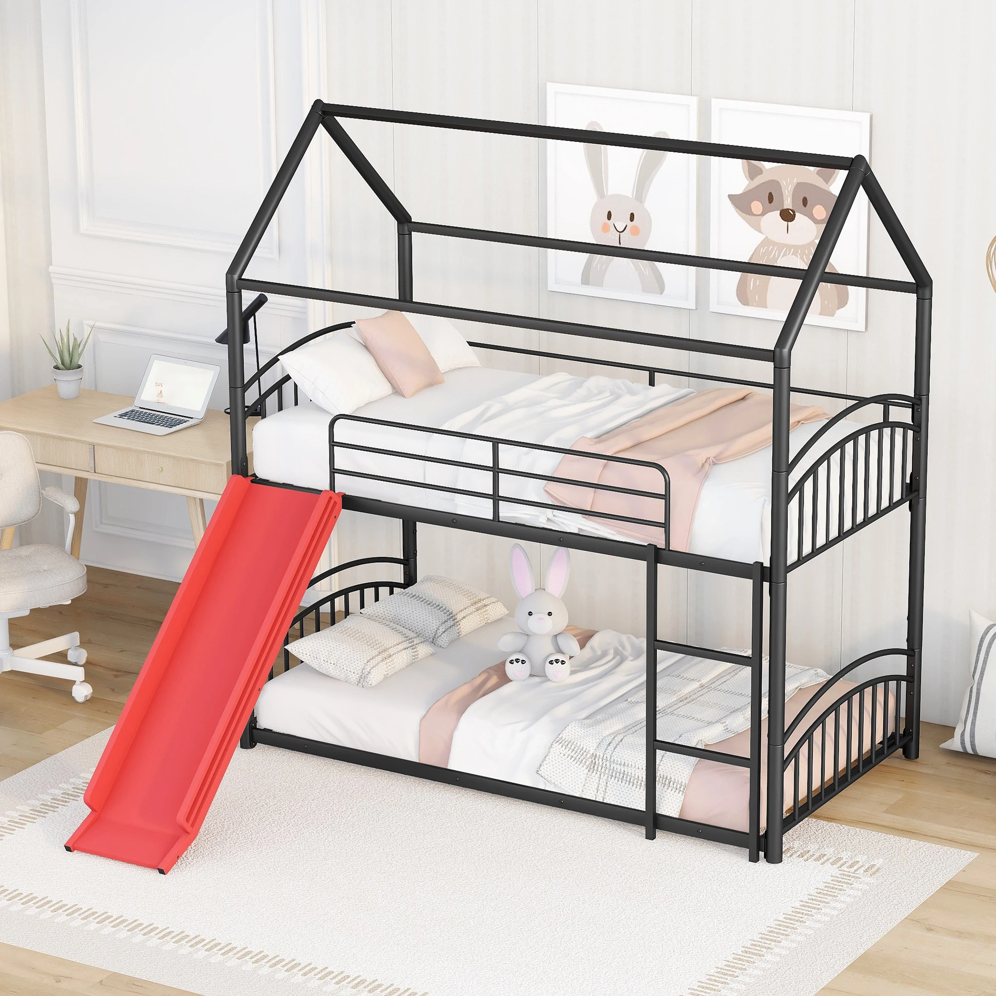 Twin Over Twin Metal Bunk Bed With Slide, Kids House Bed, Black+Red  77.50x41.40x84.30 in.