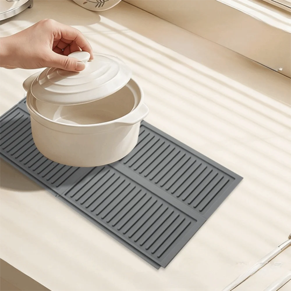 2 Piece Silicone Counter Top Drying Mat Non-Slip Strip Groove Insulated Mat Heat-resistant Splicing Dish Draining Mat Pot