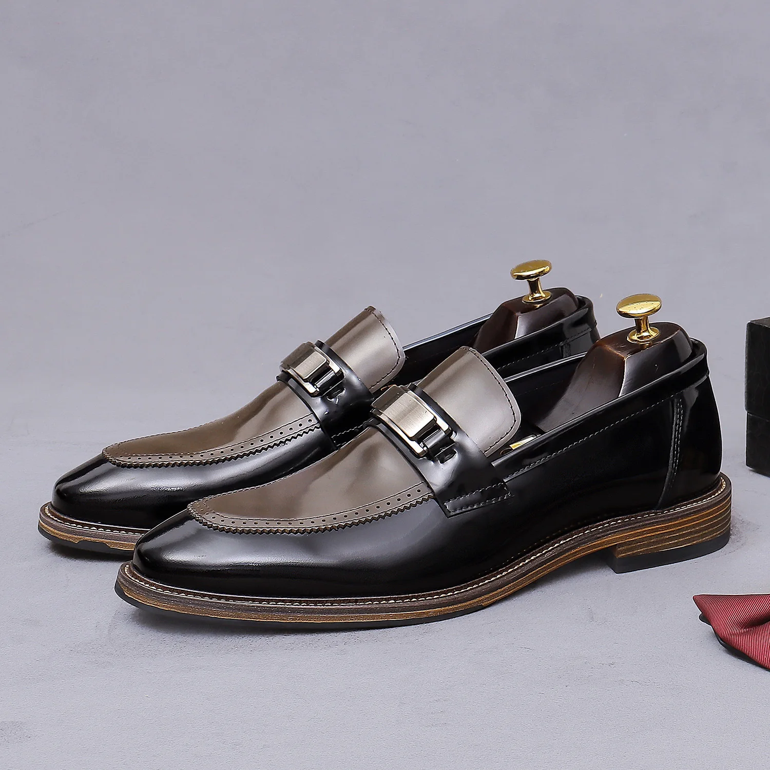 Penny Loafers Metal Buckle Genuine Leather Brogue Perforated Slip On Dress Shoes 3Cm Height Increasing Stacked Sole Footwear New