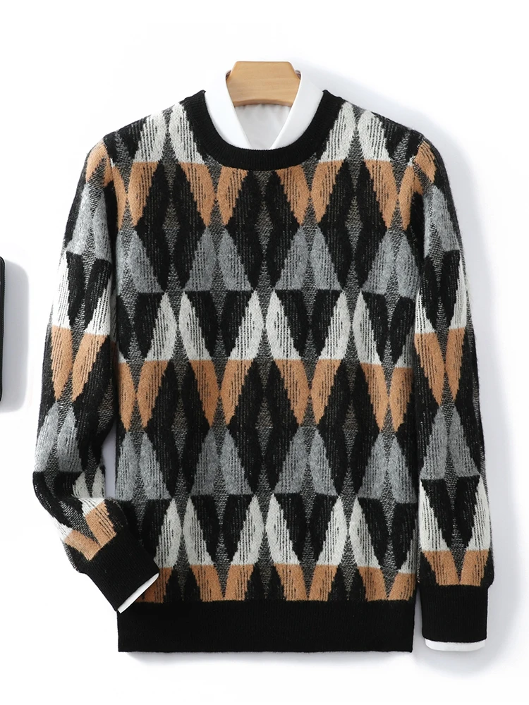 

New Chic Autumn Winter Men's Jacquard Sweater 100% Merino Wool Knitwear Rhombus Thick Soft Warm Casual O-Neck Pullover Clothing