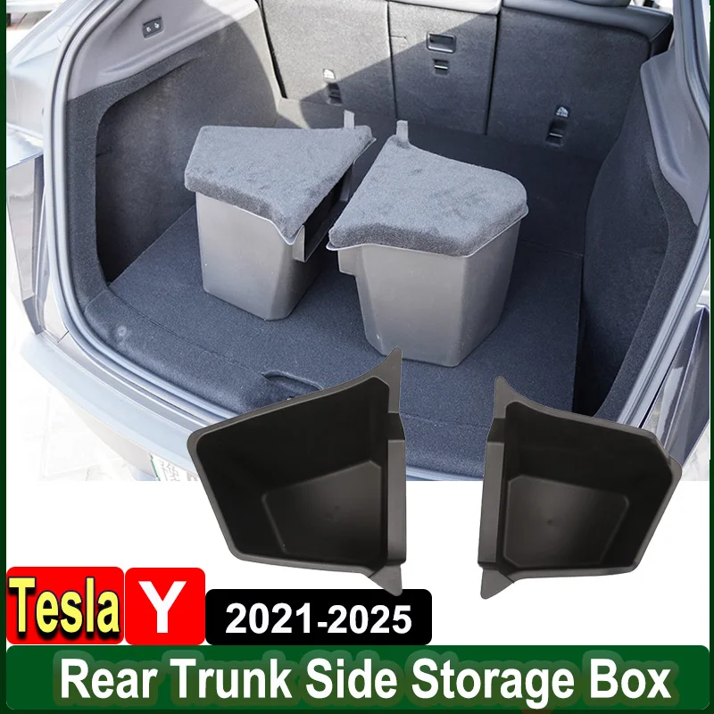 

for Tesla Model Y Juniper 2025 Left Right Rear Trunk Side Storage Organizer Box Suede Cover TPE Waterproof Bin 2024 Accessories