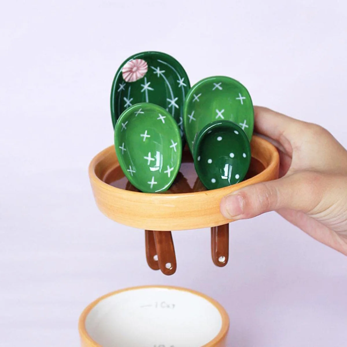 4Pcs Porcelain Measuring Spoons Set with Base Cute Cactus Shape Stirring Soup Spoon Reusable and Durable for Kitchen Tools