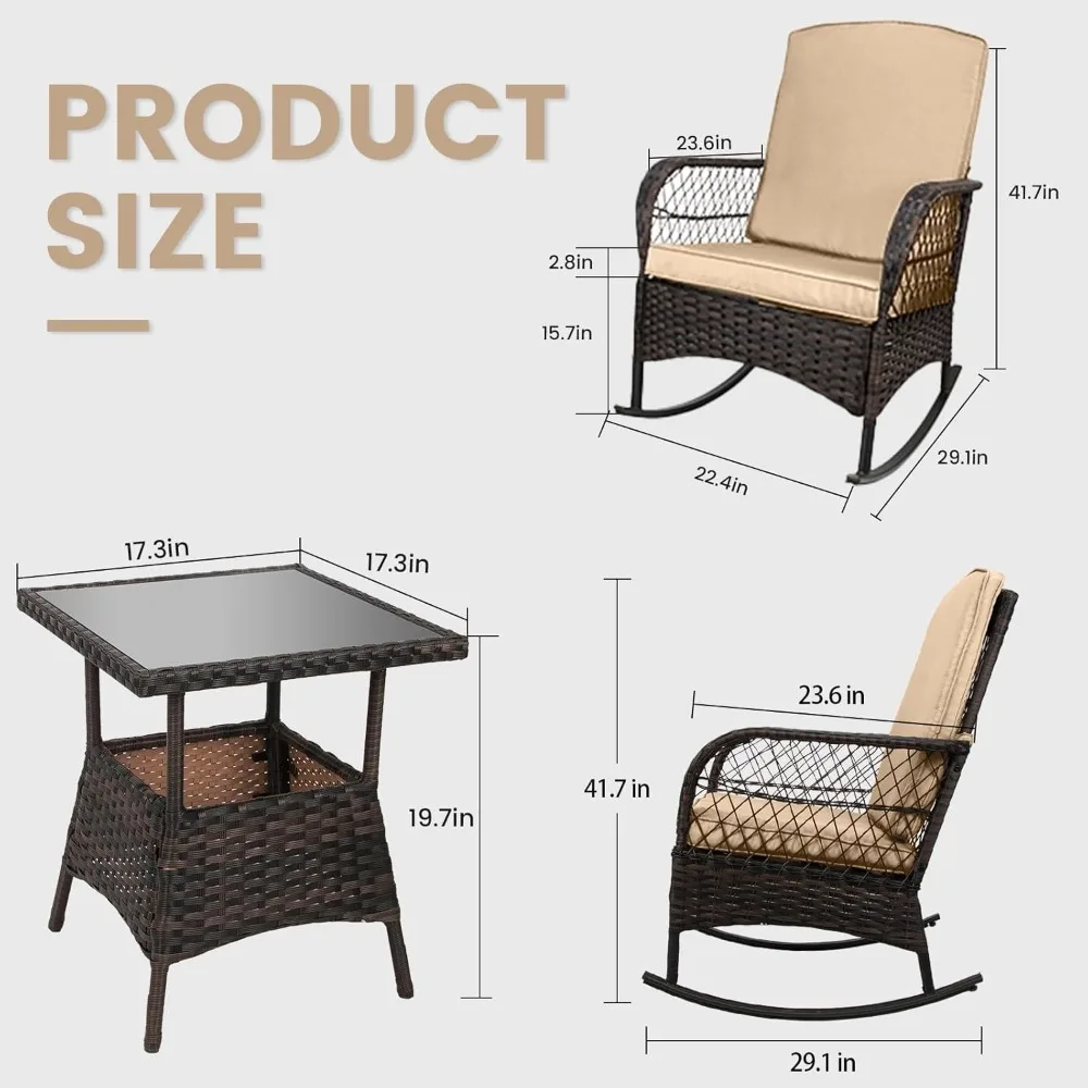 3 pcs Rocking Bistro Set Conversation Chairs PE Wicker Outdoor Rocking Chairs(Rocking Set,Khaki)