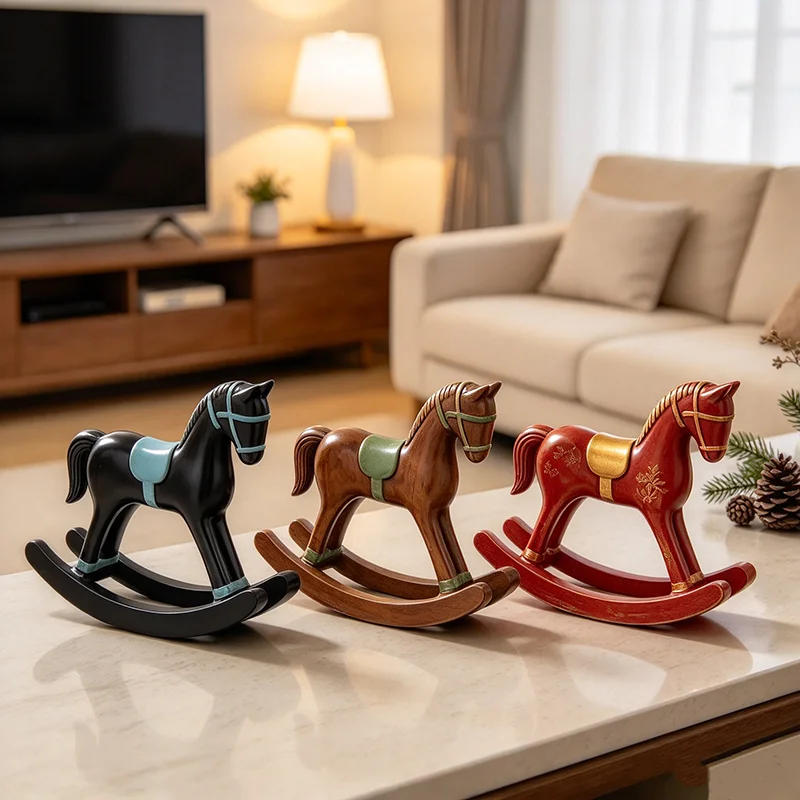 Vintage Rocking Horse Figurine Resin Craft Christmas Fireplace Tabletop Decor Home Desktop Ornament Holiday Gift