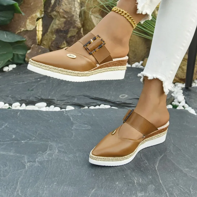 

2025 New Ladies Shoes Closed Toe Women's Slippers Fashion Outdoor Casual Hot Sale Belt Buckle Color Matching Wedge Slippers
