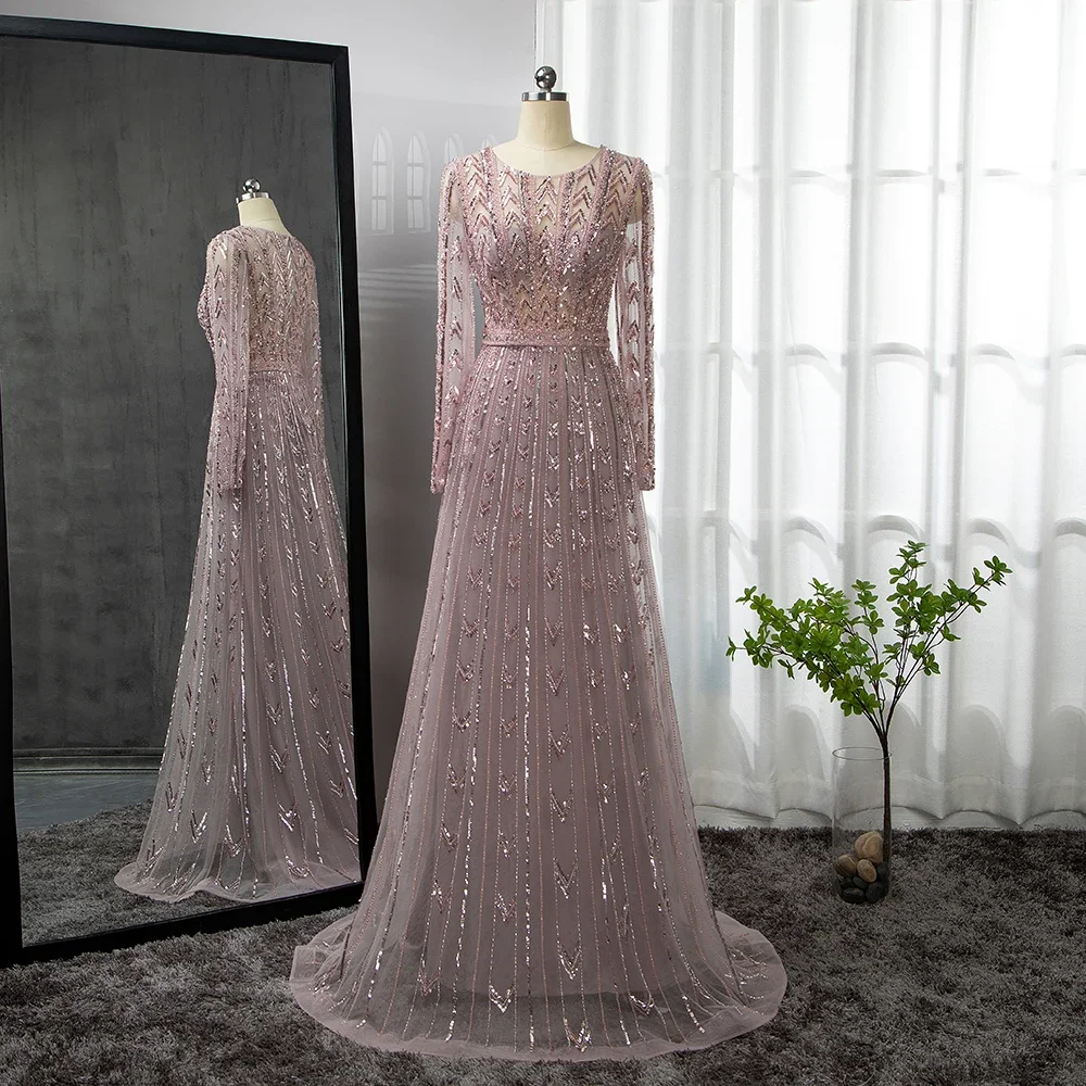 Serene Hill 2025 Pink Mermaid Elegant O-Neck Muslim Long Sleeves Evening Dresses Gown Beaded Formal Occasion GLA71696 Customized