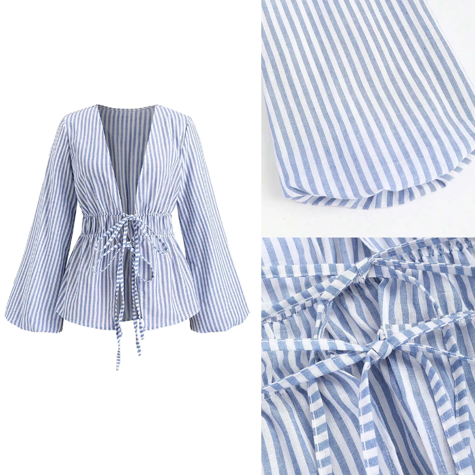 # S-XL Женская полосатая рубашка на шнуровке с открытым верхом спереди и двойной завязкой, блузки с длинными рукавами и V-образным вырезом, универсальный кардиган