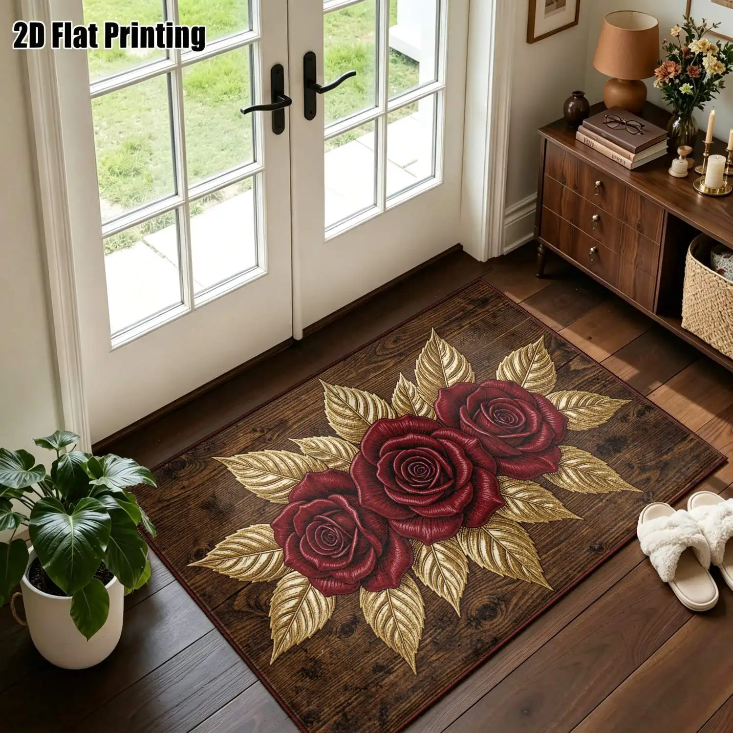1Pc 2D Printed Burgundy Rose & Gold Leaf Pattern Retro/European/Modern Minimalist Carpet, Washable, Multi-Size, Suitable for Home Decor, Multi-Scene Use