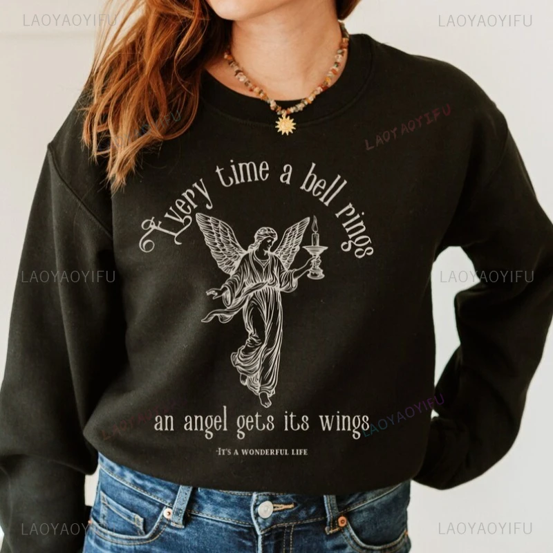 Wings of An Angel Funny Pattern Sweatshirt Devotional Angel Neutral Hooded Sweater Women's Pullover Retro Style Oversized Tops