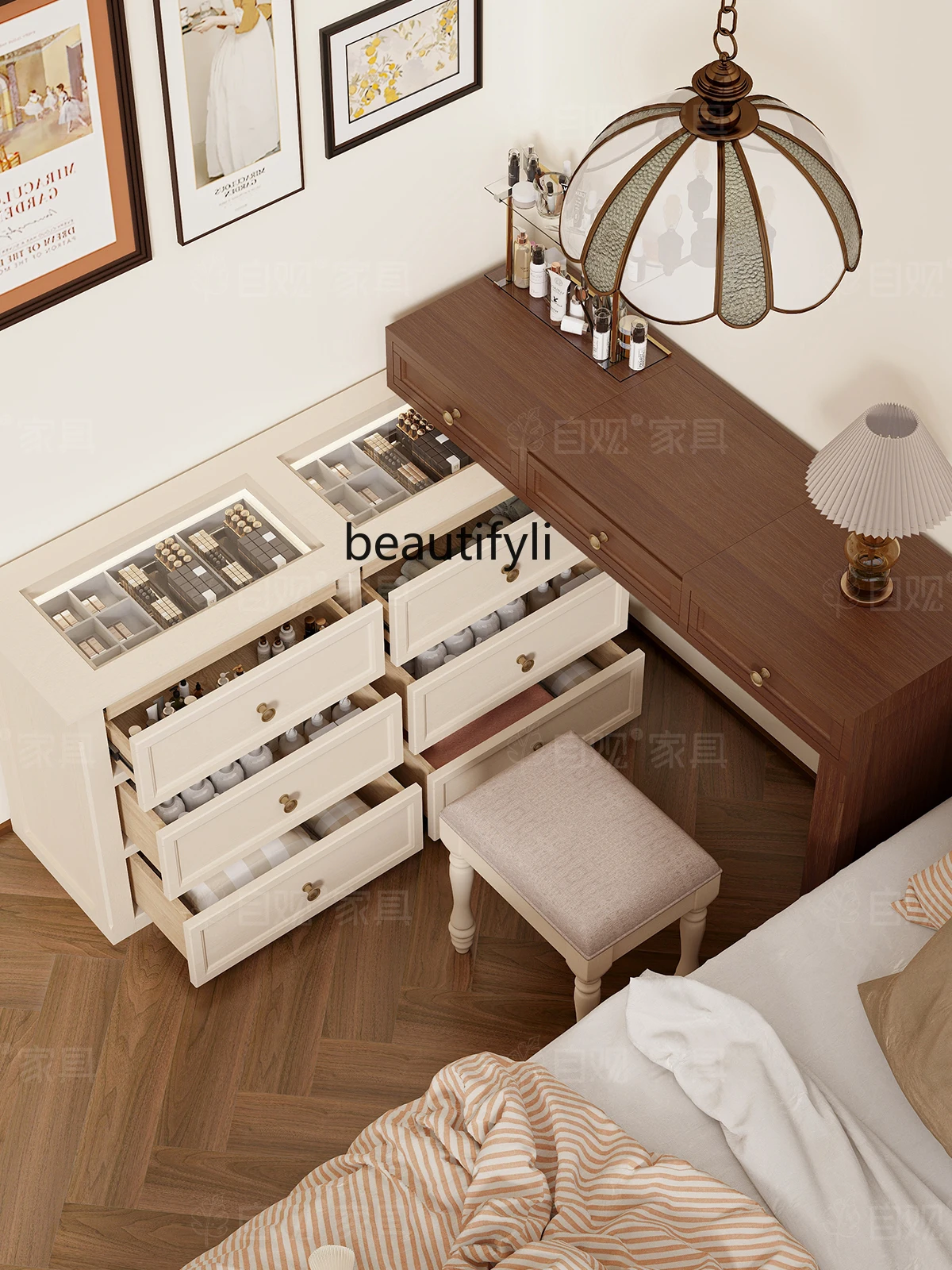 Retro Brown Dressing Table Nail Table Bedroom Bedside Dresser Storage Cabinet Integrated Glass Chest of Drawers