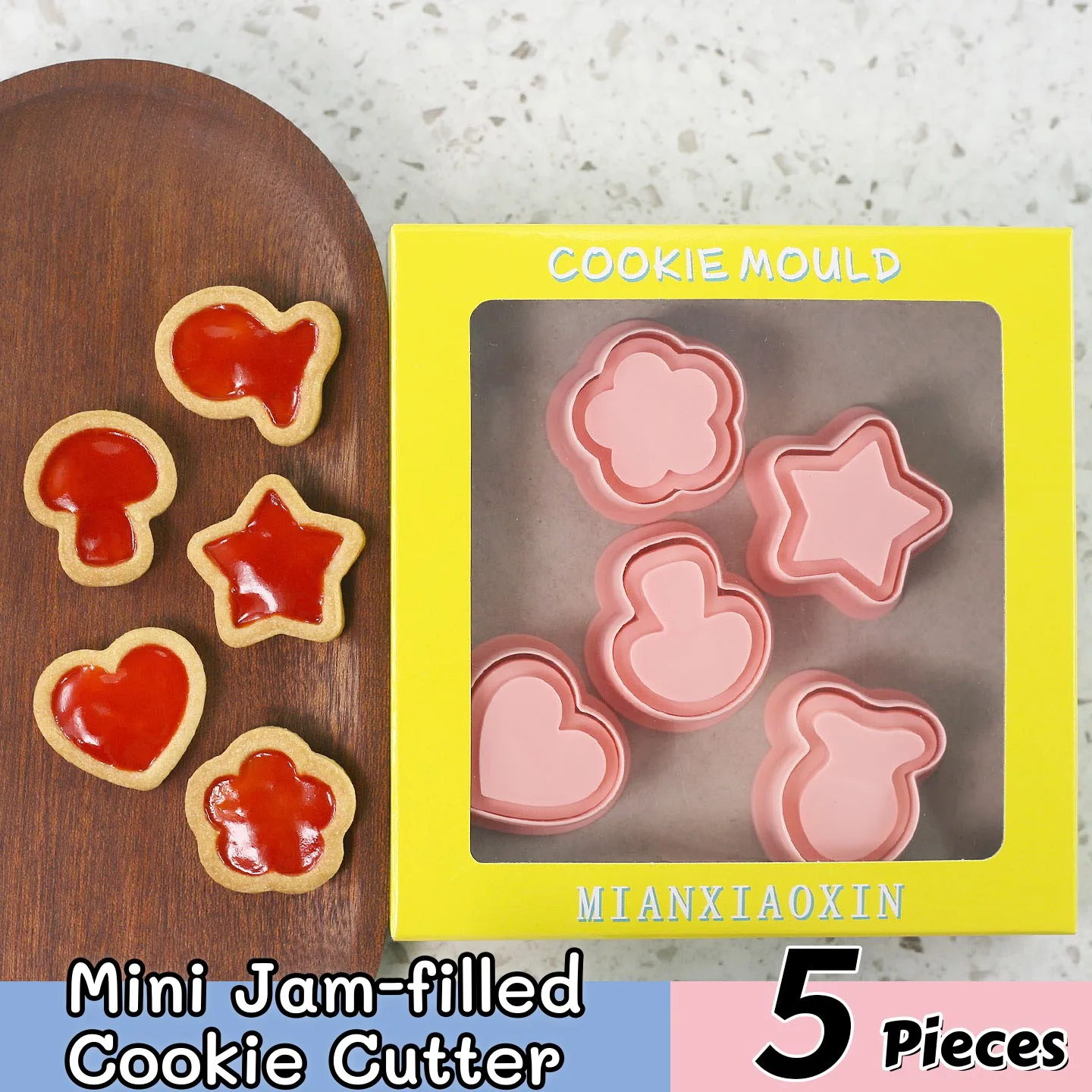 5 Pcs Mini Jam Cookie Cutters Cute Small Jam Sandwich Biscuits Stamps Heart Flower Star Goldfish Mushroom Shaped DIY Cookie Mold