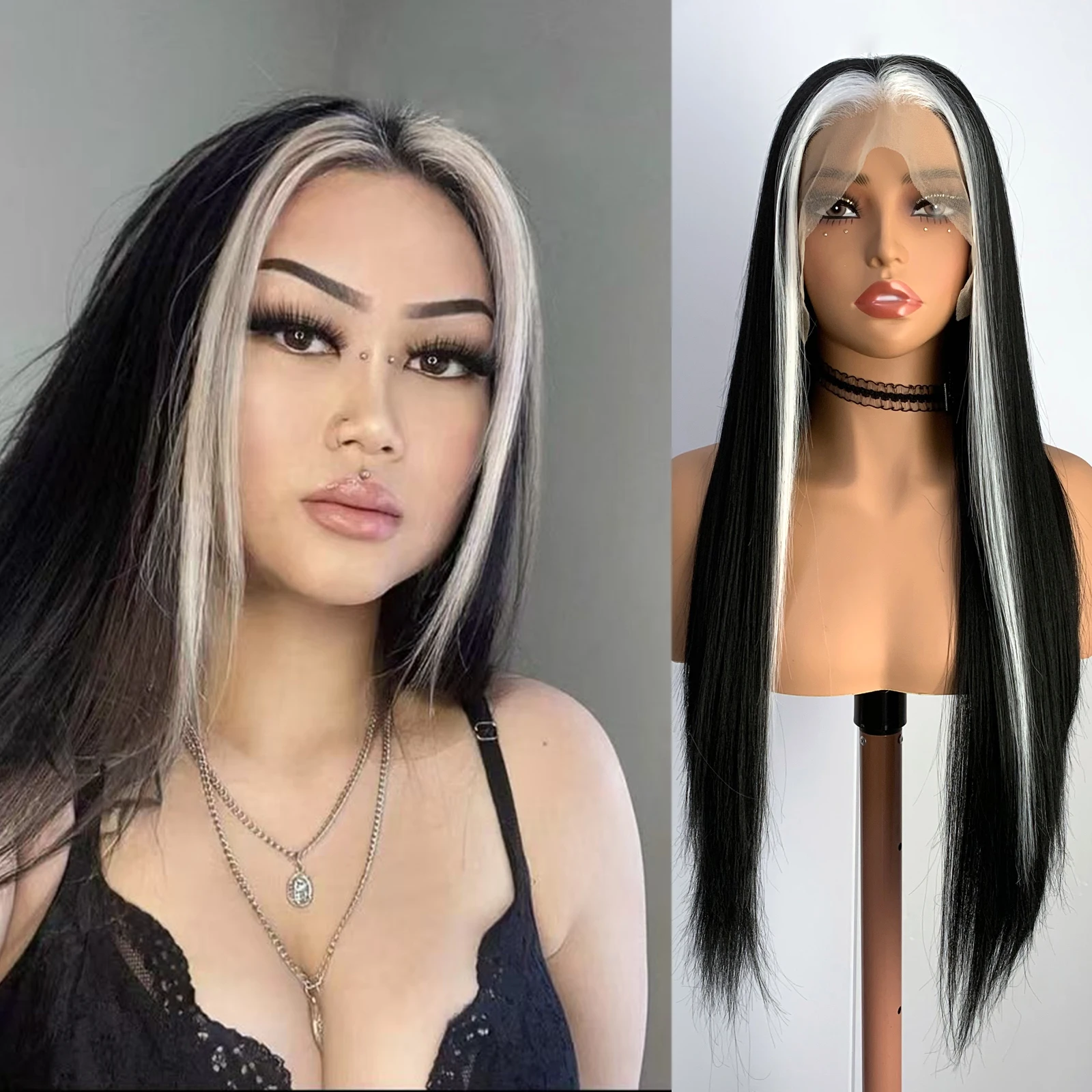 

WIF Black And White Highlights Synthetic Wig Women Daily Use Natural Hairline 13 x 4 Lace Front Wig Long Straight Free Part Hair