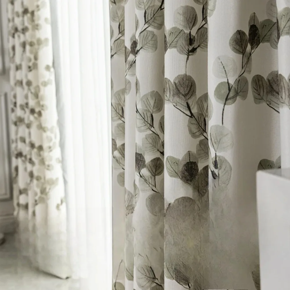 Modern Minimalist Polyester Cotton Printed Curtains American Pastoral Transparent Fabric Curtains for Living Room Bedroom Luxury