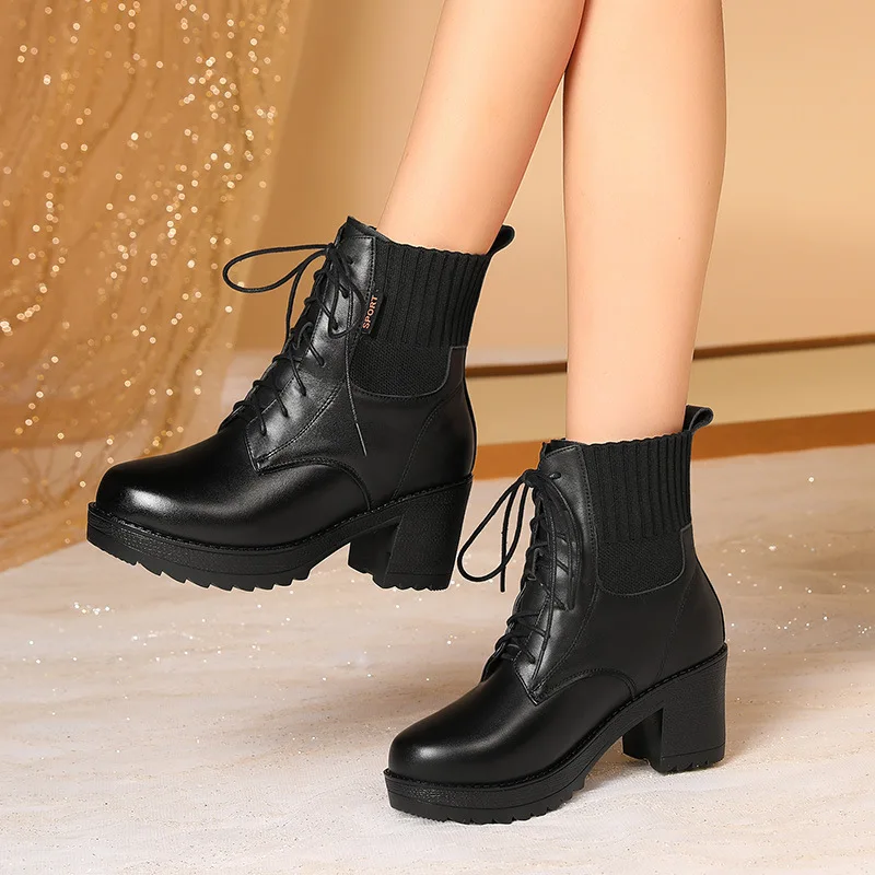 CICIYANG Women Ankle Boots 2023 New Genuine Leather Women Winter Boots Wool Warm Women Martn Boots High-heeled Women Snow Boots