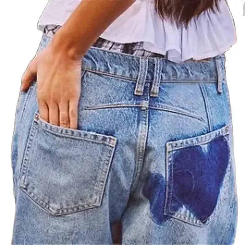 2024 Fashion Love Print decorazione pantaloni in Denim donna Jeans dritti larghi pantaloni Midi Casual femminili New Trend Streetwear