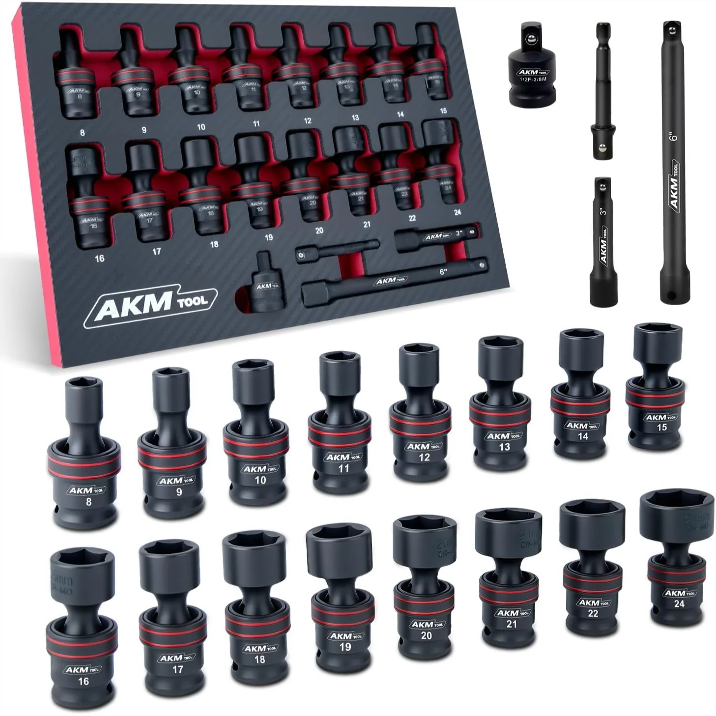 

3/8" Drive Universal Impact Socket Set 20 Piece Swivel Socket 6-Point Metric 8-24mm Cr-Mo with Extension Bars and Adapters